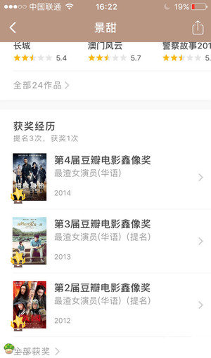 景甜在豆瓣上的介绍页面,获奖经历笑死了